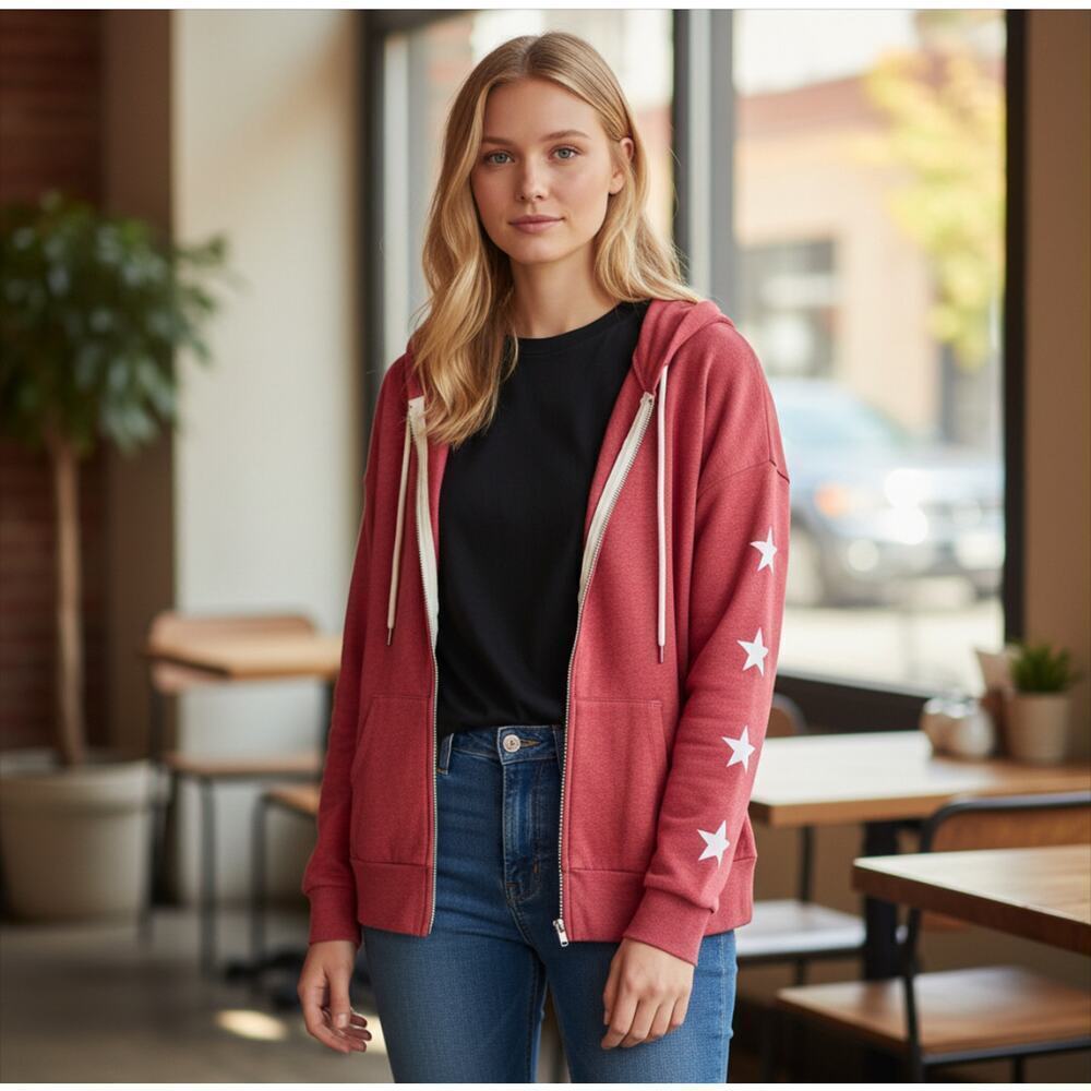 Monrow Star Print Long Sleeve Zip Hoodie Red Size S NWT